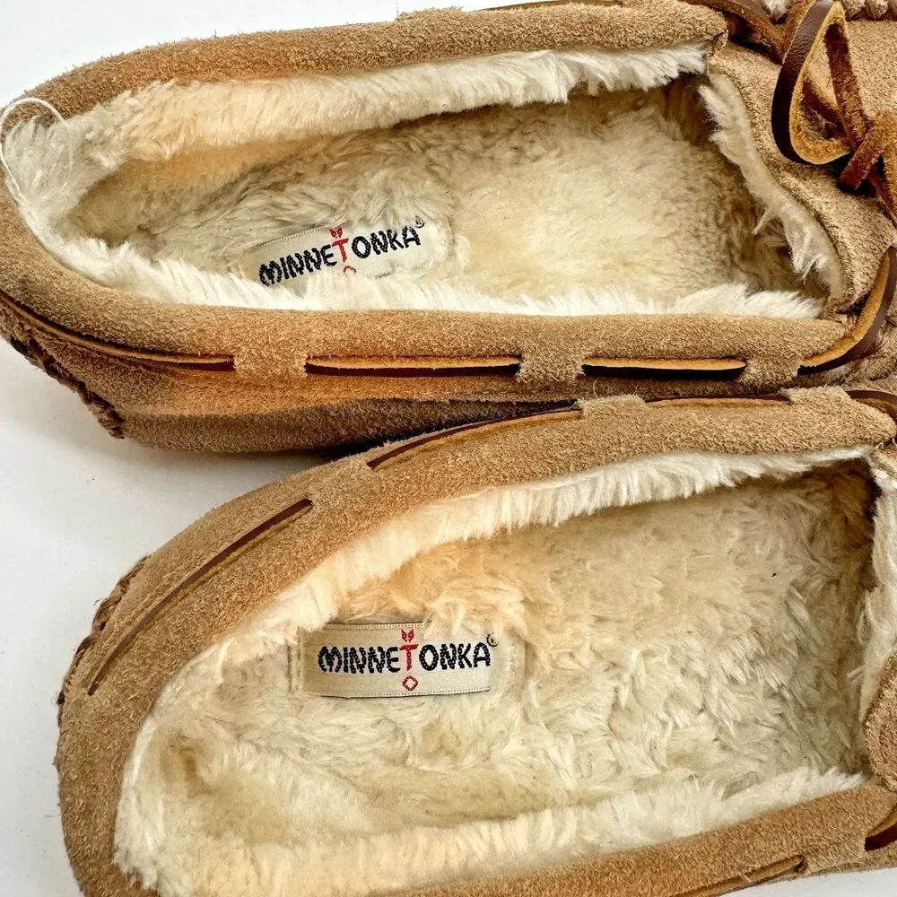 Minnetonka 4811 Cassie Tan Moccasin Youth 4 Fur Lined Suede Leather Slippers